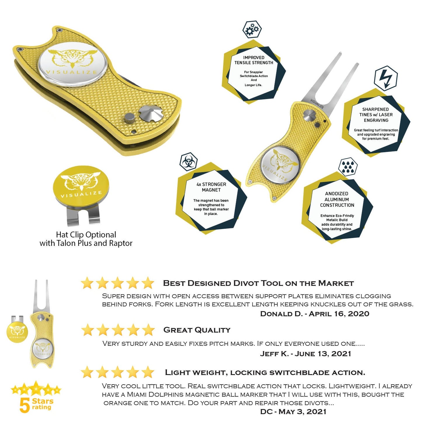 A graphic image of the qualities of the divot tools and some 5-star product reviews. 