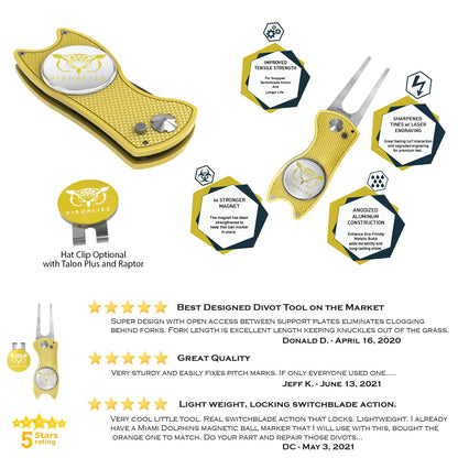 A graphic image of the qualities of the divot tools and some 5-star product reviews. 